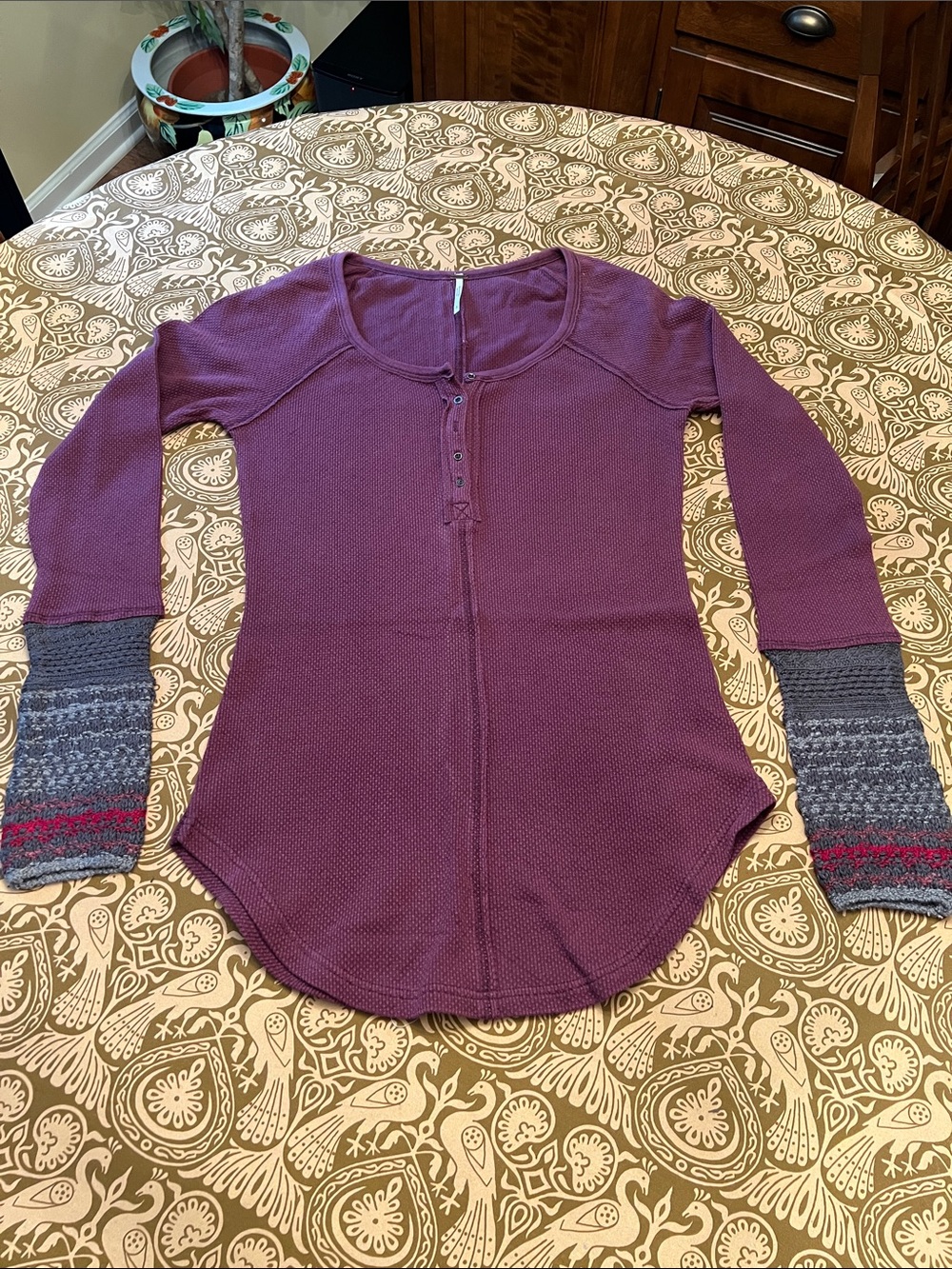Free People Plum Purple Long-Sleeve Henley with Patterned Gray Cuffs